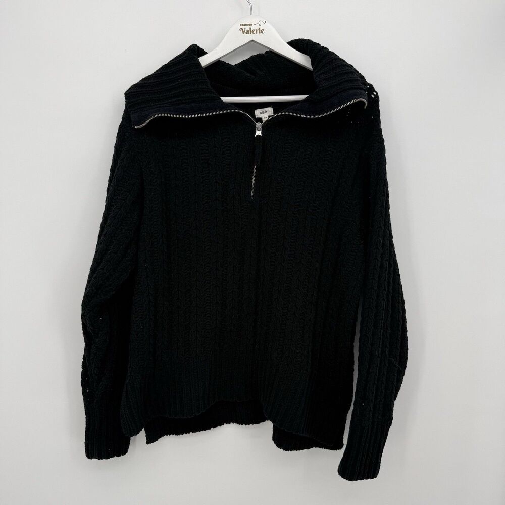 Aerie Black Crochet Sheer Knit Quarter Zip Sweater Size Small